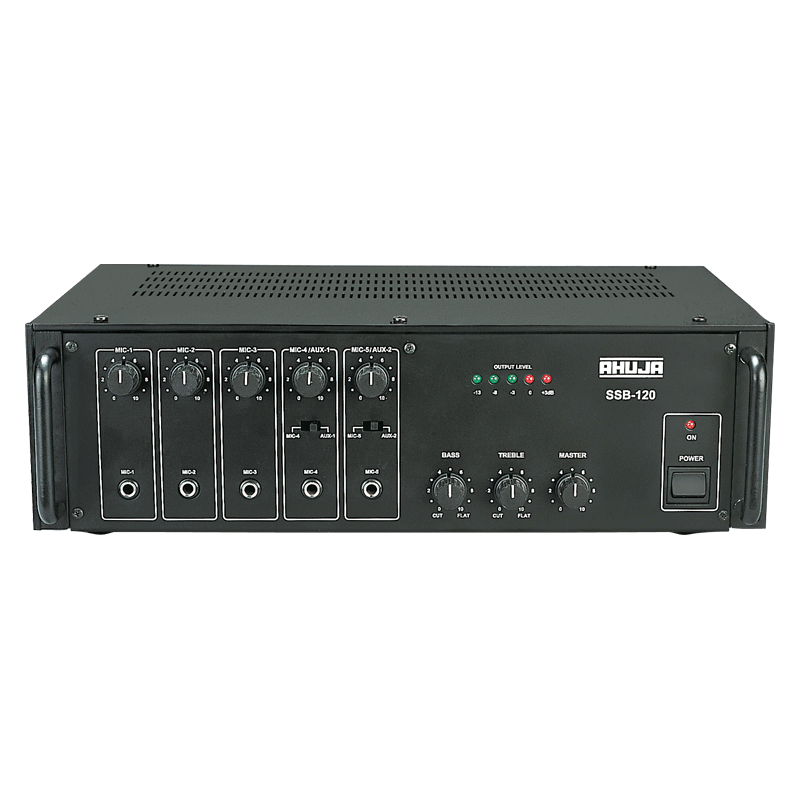 Ahuja Microphone Amplifiers Ahuja PA Amplifier 120W RMS w/ 5-Microphone 2-Aux Input and Impedance/voltage Output - SSB120 SSB120 Buy on Feesheh