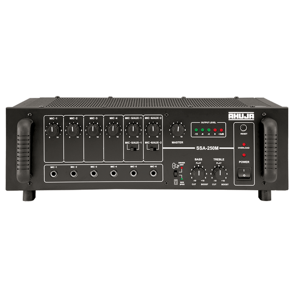 Ahuja Microphone Amplifiers Ahuja PA Amplifier 250W RMS w/ 6-Microphone 2-Aux Input and Impedance/voltage Output - SSA250M SSA250M Buy on Feesheh