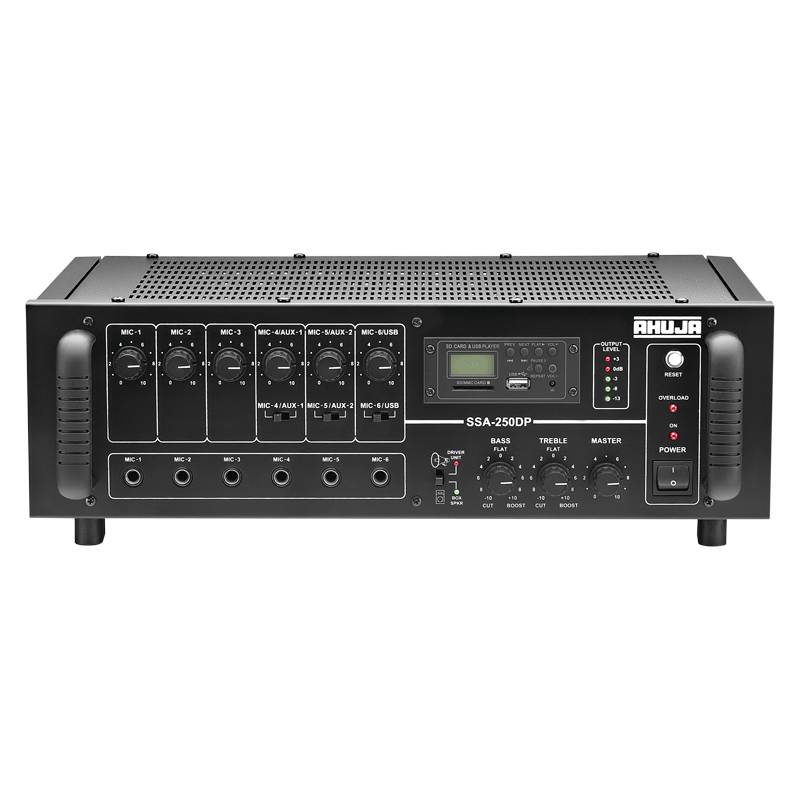 Ahuja Microphone Amplifiers Ahuja PA Amplifier 250W RMS w/ USB/SD 6-Microphone 2-Aux Input and Impedance/voltage Output - SSA250DP SSA250DP Buy on Feesheh