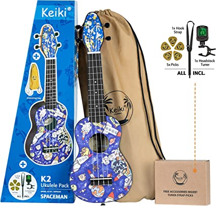 Ortega Ortega Keiki® K2 Designer Soprano Ukulele Spaceman Design Includes Drawstring Bag, Tuner, Hook Strap & 5 Picks K2-SP Buy on Feesheh